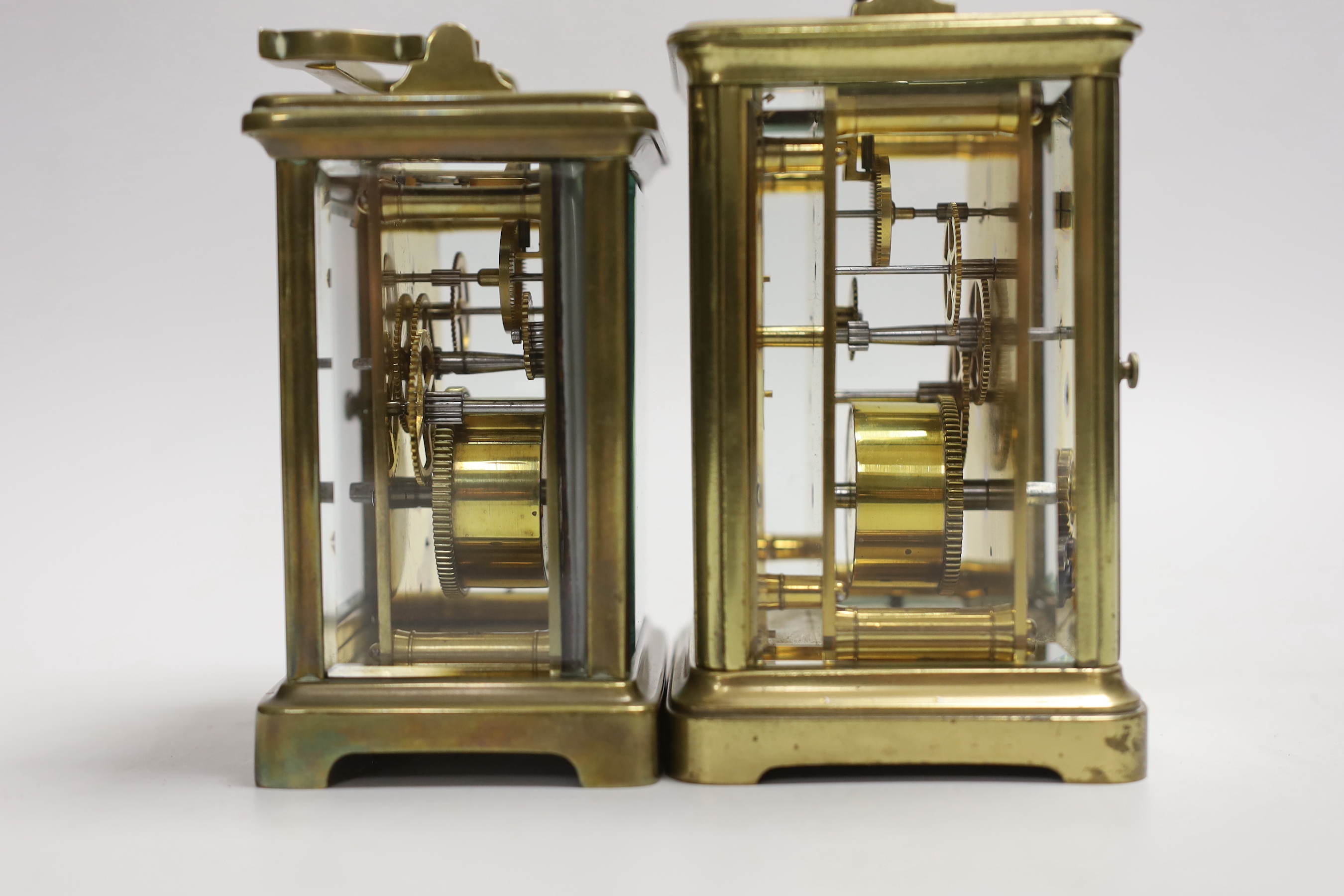 Two brass carriage timepieces, tallest 16cm